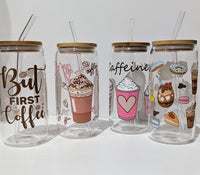 
              Glass Bamboo Tumblers Coffee theme 16oz
            